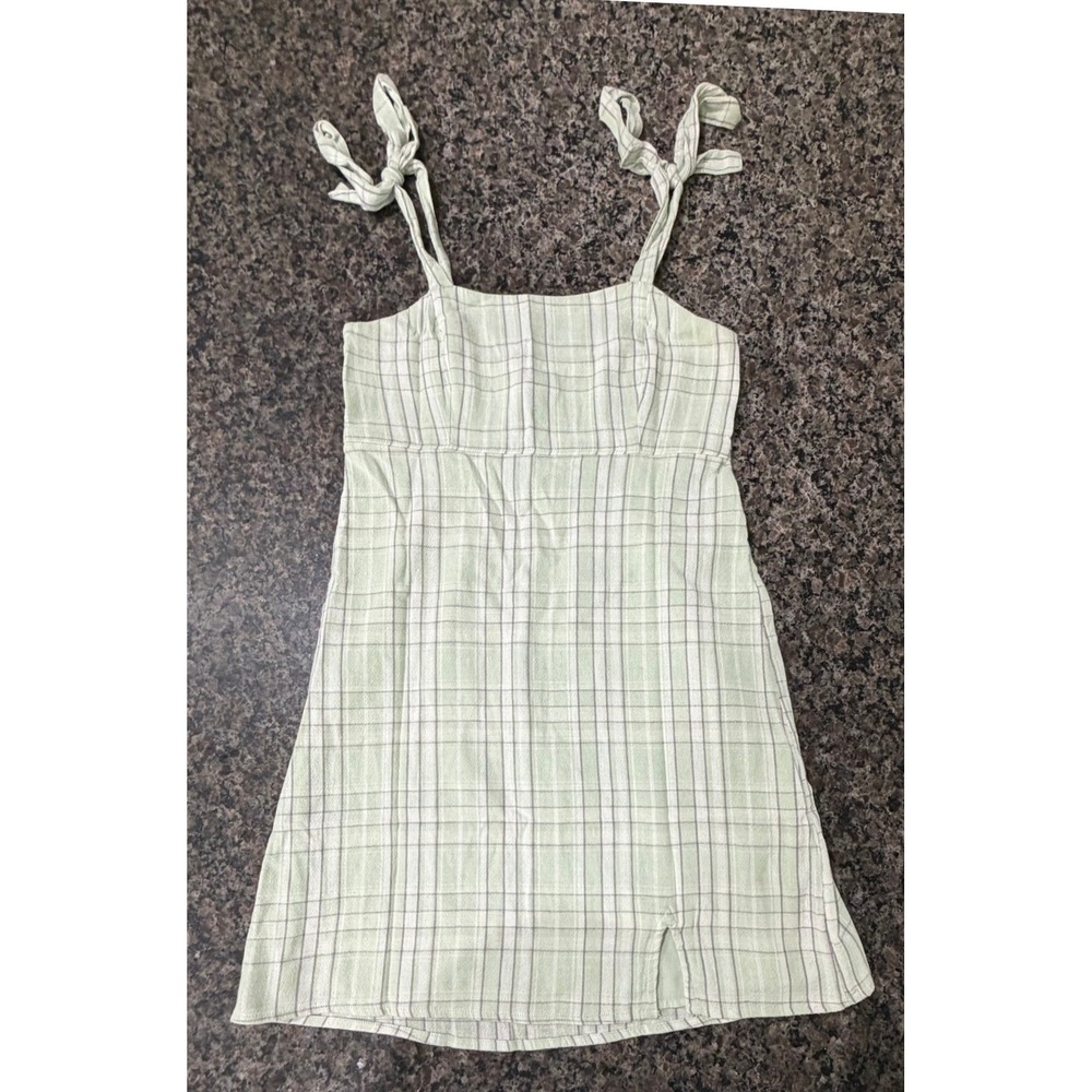 Hollister Women Green Plaid Tie Strap Mini Dress XS‎ Smocked Back Side Slit